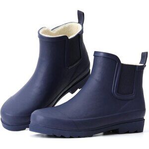 Women's Blue Waterproof Rain Boots with Plush Lining Non-Slip Winter Boots